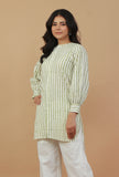 Green Striped Hand Block Printed Cotton Kurta