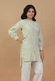 Green Striped Hand Block Printed Cotton Kurta