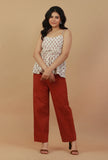 Set of 2: Ivory Hand Block Printed Spaghetti Top with Rust Straight Pants