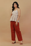 Set of 2: Ivory Hand Block Printed Spaghetti Top with Rust Straight Pants