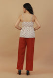 Set of 2: Ivory Hand Block Printed Spaghetti Top with Rust Straight Pants