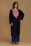 Navy Blue Phiran with Red and White Aari Embroidery- Free Size