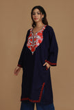 Navy Blue Phiran with Red and White Aari Embroidery- Free Size