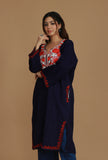 Navy Blue Phiran with Red and White Aari Embroidery- Free Size
