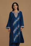 All-Over Embroidered Blue Kashmiri Phiran with Paisleys- Free Size