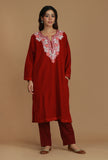 Maroon Phiran with White and Pink Aari Embroidery- Free Size