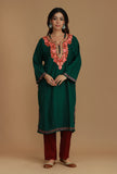 Forest Green Phiran with Peach and Coral Aari Embroidery- Free Size