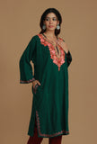 Forest Green Phiran with Peach and Coral Aari Embroidery- Free Size