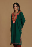 Forest Green Phiran with Peach and Coral Aari Embroidery- Free Size