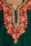 Forest Green Phiran with Peach and Coral Aari Embroidery- Free Size