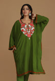 Olive Green Phiran with Red and White Aari Embroidery- Free Size
