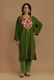 Olive Green Phiran with Red and White Aari Embroidery- Free Size
