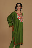 Olive Green Phiran with Red and White Aari Embroidery- Free Size