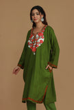 Olive Green Phiran with Red and White Aari Embroidery- Free Size