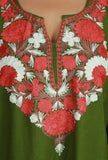 Olive Green Phiran with Red and White Aari Embroidery- Free Size
