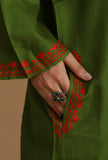 Olive Green Phiran with Red and White Aari Embroidery- Free Size