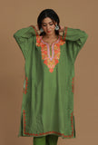 Olive Green Phiran with Multi-Tone Aari Embroidery- Free Size