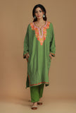 Olive Green Phiran with Multi-Tone Aari Embroidery- Free Size