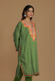 Olive Green Phiran with Multi-Tone Aari Embroidery- Free Size