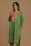 Olive Green Phiran with Multi-Tone Aari Embroidery- Free Size