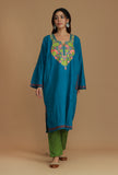 Teal Blue Phiran with Multi-Tone Aari Embroidery- Free Size