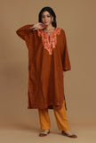 Burnt Orange Phiran with Pink and Gold Aari Embroidery- Free Size