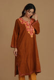Burnt Orange Phiran with Pink and Gold Aari Embroidery- Free Size
