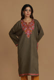 Olive Brown Phiran with Multi-Tone Aari Embroidery- Free Size