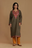 Olive Brown Phiran with Multi-Tone Aari Embroidery- Free Size