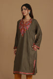Olive Brown Phiran with Multi-Tone Aari Embroidery- Free Size