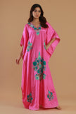 Aari Embroidered Satin Pink Kashmiri Kaftan- Free Size