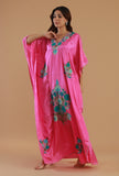 Aari Embroidered Satin Pink Kashmiri Kaftan- Free Size