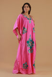 Aari Embroidered Satin Pink Kashmiri Kaftan- Free Size