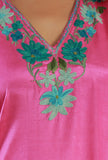 Aari Embroidered Satin Pink Kashmiri Kaftan- Free Size