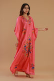 Aari Embroidered Multicolor Kashmiri Satin Kaftan- Free Size