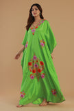 Aari Embroidered Satin Green Kashmiri Kaftan- Free Size