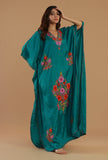 Aari Embroidered Teal Green Kashmiri Satin Kaftan- Free Size