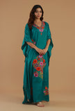 Aari Embroidered Teal Green Kashmiri Satin Kaftan- Free Size