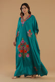 Aari Embroidered Teal Green Kashmiri Satin Kaftan- Free Size