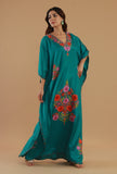 Aari Embroidered Teal Green Kashmiri Satin Kaftan- Free Size