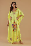 Aari Embroidered Yellow Kashmiri Satin Kaftan- Free Size