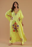 Aari Embroidered Yellow Kashmiri Satin Kaftan- Free Size