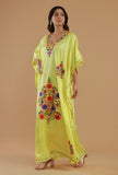 Aari Embroidered Yellow Kashmiri Satin Kaftan- Free Size