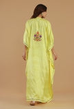 Aari Embroidered Yellow Kashmiri Satin Kaftan- Free Size