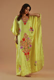 Aari Floral Embroidery Yellow Satin Kashmiri Kaftan- Free Size