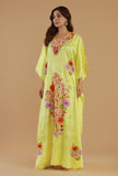 Aari Floral Embroidery Yellow Satin Kashmiri Kaftan- Free Size