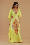 Aari Floral Embroidery Yellow Satin Kashmiri Kaftan- Free Size