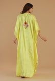 Aari Floral Embroidery Yellow Satin Kashmiri Kaftan- Free Size
