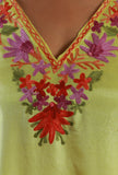 Aari Floral Embroidery Yellow Satin Kashmiri Kaftan- Free Size
