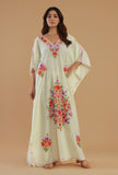Aari Floral Embroidery Off-White Kashmiri Satin Kaftan- Free Size